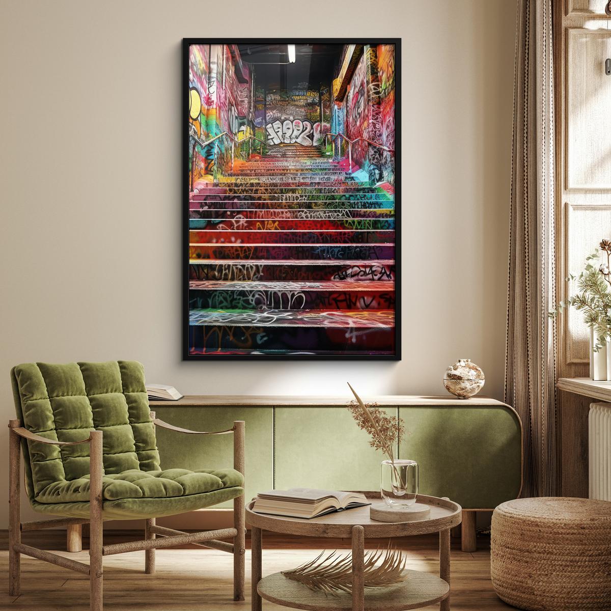 POSTER MIT RAHMEN Treppe - Graffiti - Farben - Kunst Bilderleiste 80x120 cm - Multicolor, Papier (80/120cm) - MuchoWow