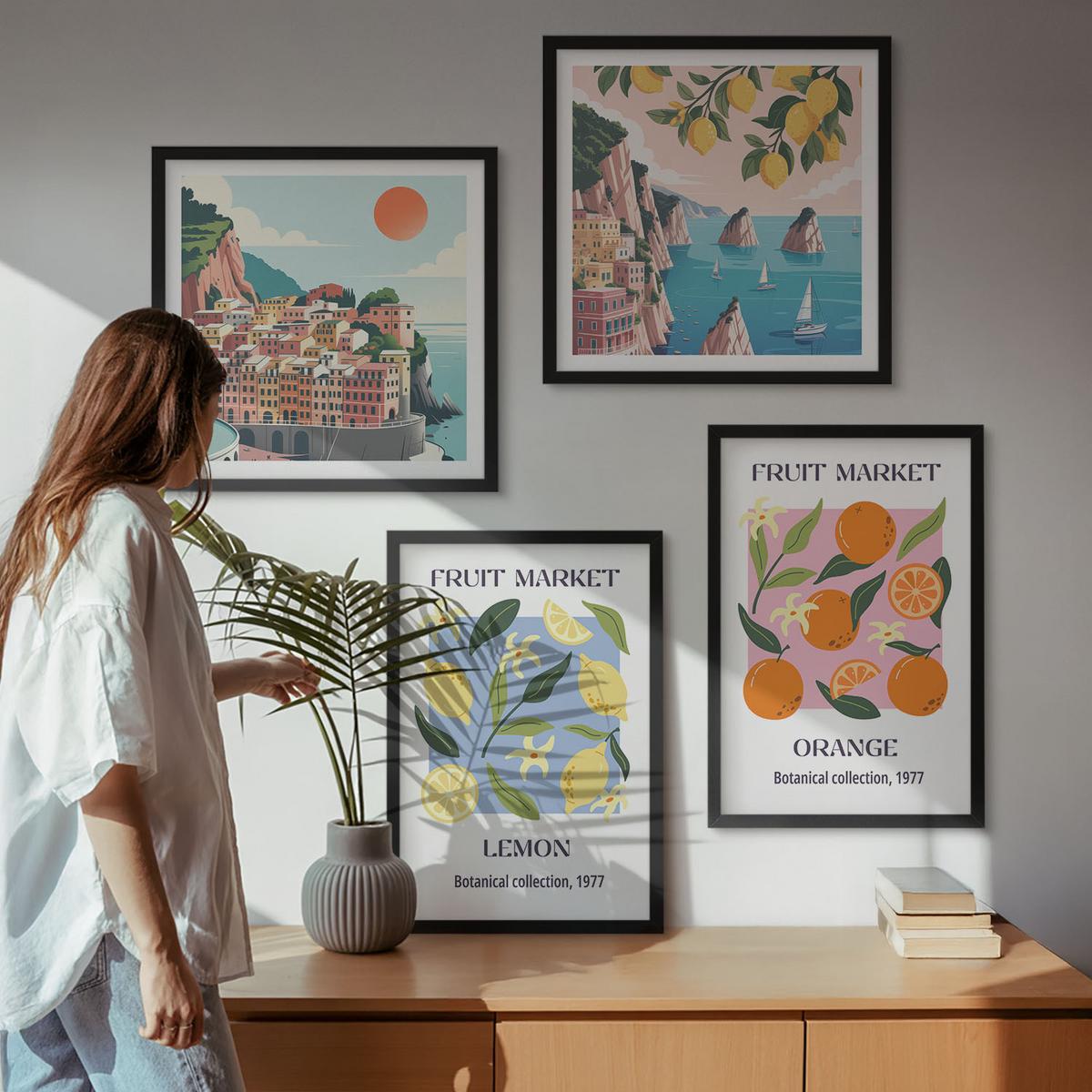 BILDER SET 4er Set - 50x50 cm & 40x60 cm Schwarzer Rahmen - Obstposter Zitronen Orangen - Schwarz, Kunststoff (50/50cm) - TULUP