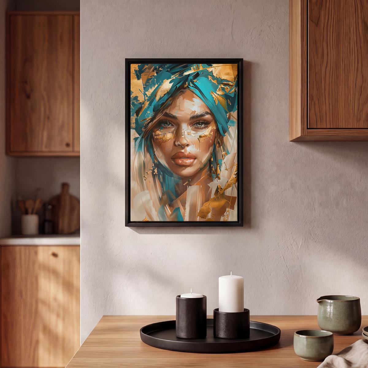 LEINWAND Bilder mit Rahmen - Frau - Porträt - Gold - Luxus - Blau - 20x30 - Türkis, Textil (20/30cm) - MuchoWow