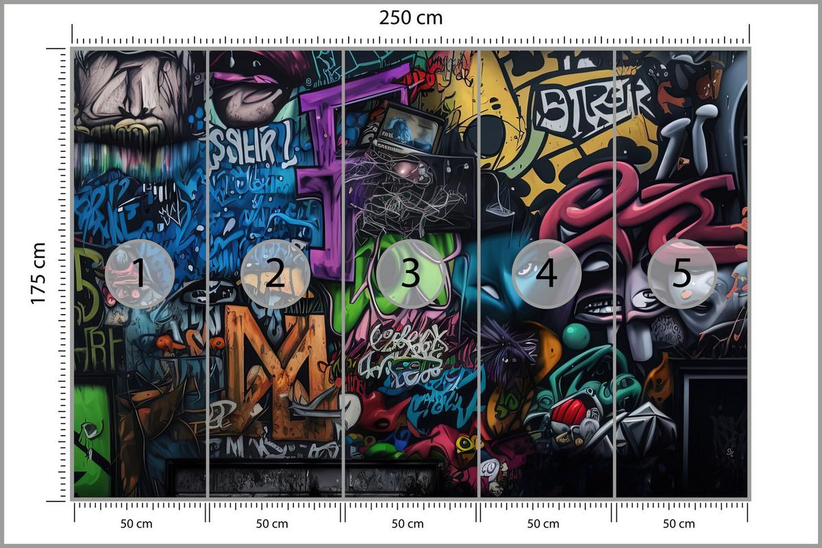 FOTOTAPETE für Jugendzimmer Bunte Graffiti Figura Schrift Abstrakt 250x175 - Blau/Pink, Papier (250/175cm) - Muralo