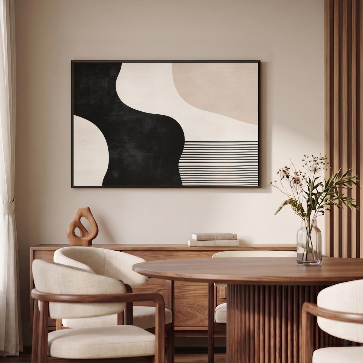 LEINWAND Bilder mit Rahmen - Abstrakt - Japandi - Beige - Modern - 90x60 - Schwarz, Textil (90/60cm) - MuchoWow