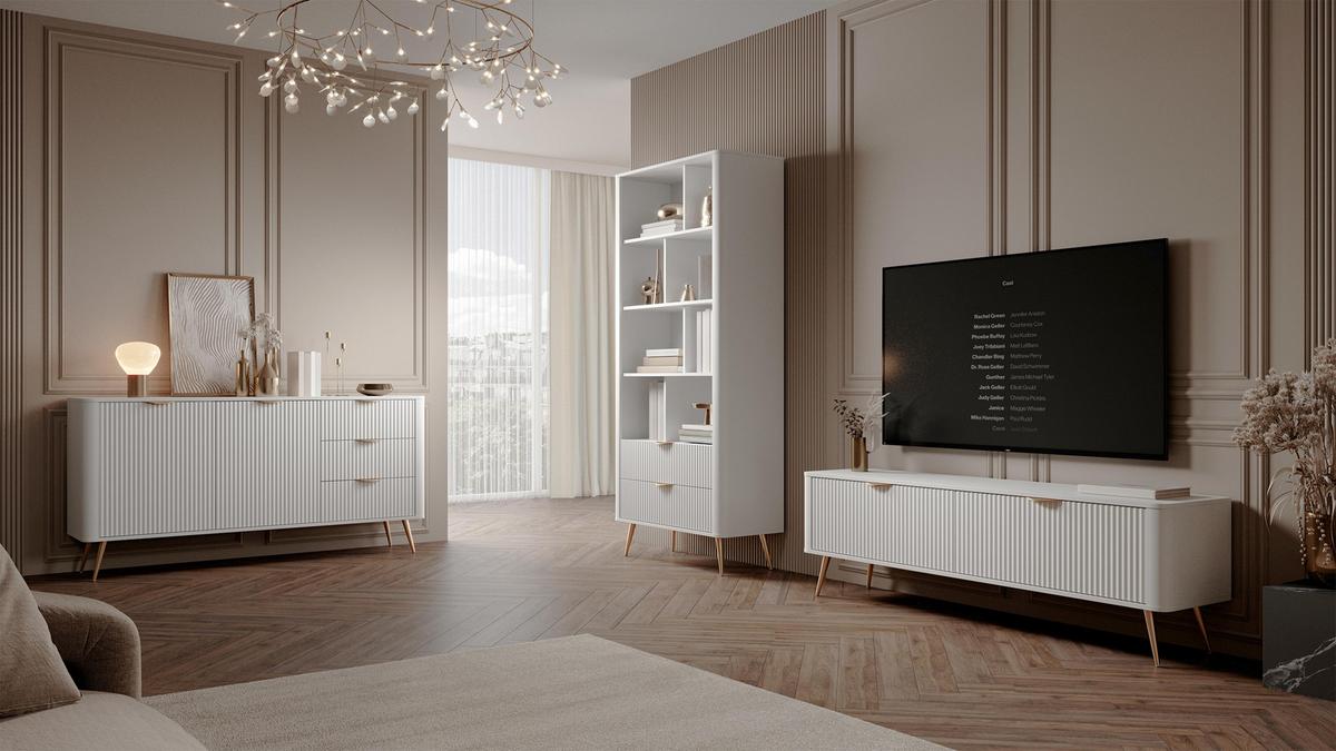 SIDEBOARD Vespasia 1T 3S Beige 138,2/81,2/38 cm – Geriffelte Fronten - Goldfarben/Weiß, Holzwerkstoff/Metall (138.2/81.2/38cm) - AX Living