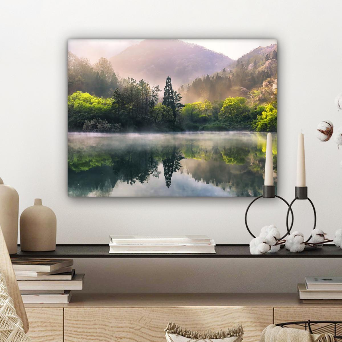 LEINWANDBILD Natur - Bäume - Berge - See - Wasser Wandbild 40x30 cm - Hellgrün, Textil (40/30cm) - MuchoWow