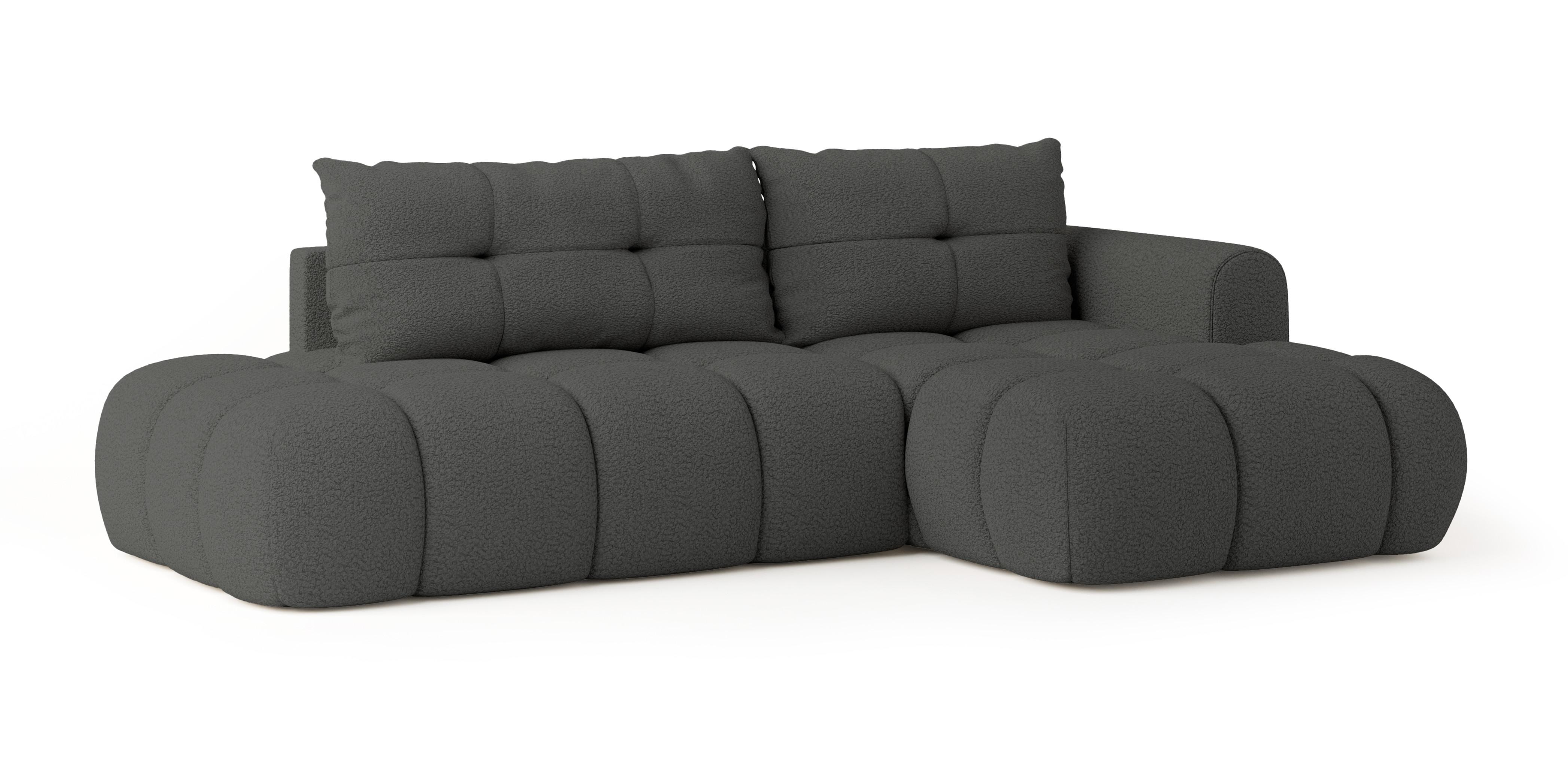 ECKSOFA FLUMA R-S Grau Boucle-Stoff mit Schlaffunktion - Grau, Holz (279/158cm) - MASSENO