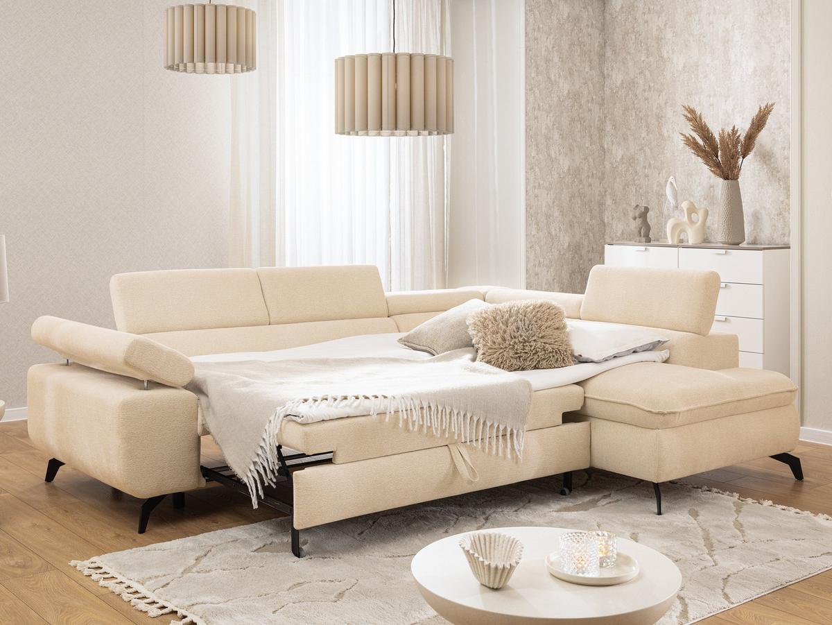 ECKSOFA mit Schlaffunktion und Bettkasten Bonnie aus Creme Chenille-Stoff mit verstellbaren Kopfstützen und Armlehne - Ottomane rechts - Creme/Schwarz, Holz/Textil (275/210cm) - S-Style