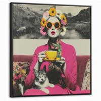 LEINWAND Bilder mit Rahmen - Frau - Katze - Blumen - Tasse - Retro - 90x90 - Magenta, Textil (90/90cm) - MuchoWow