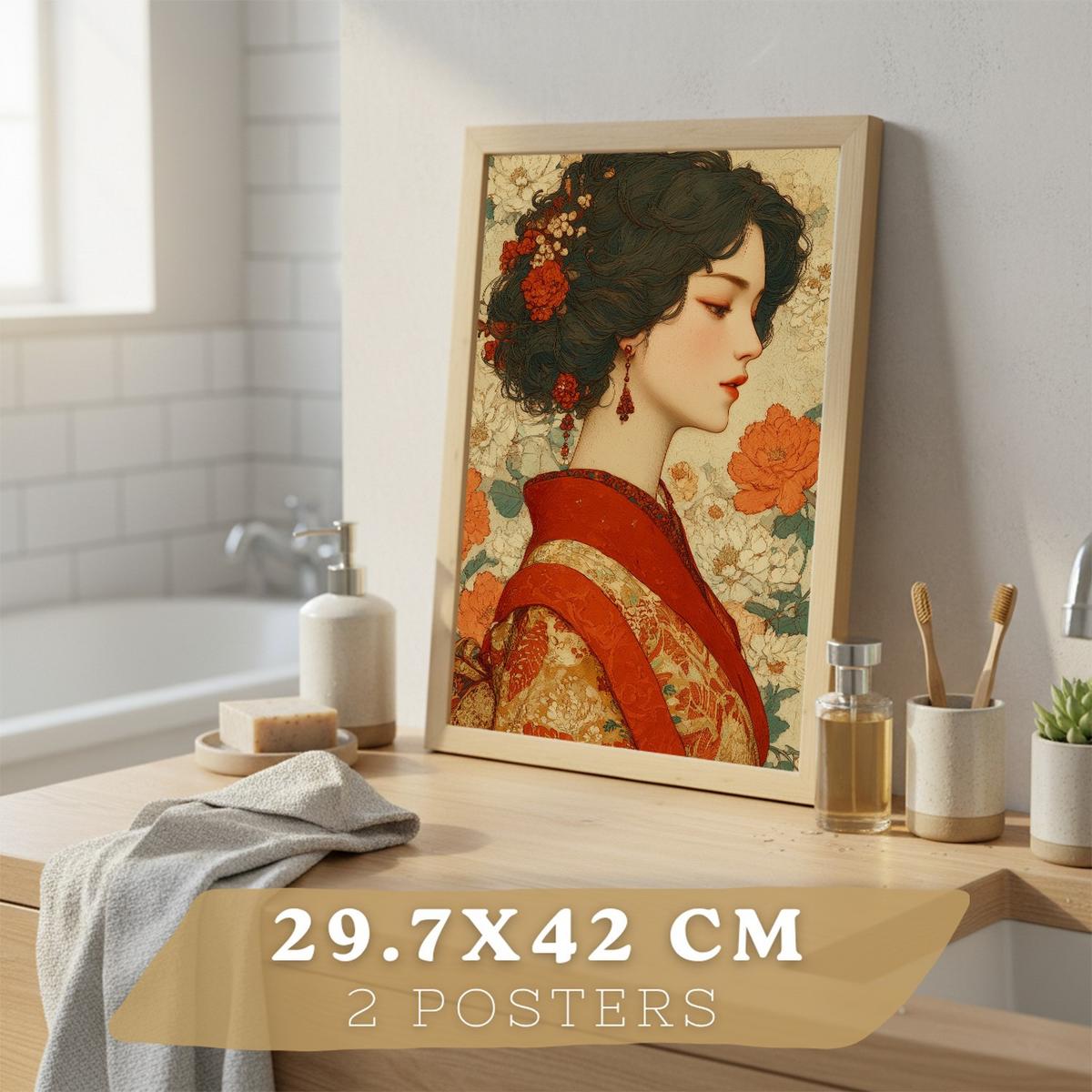 POSTER 2er-Set dekorative Badezimmer-Kunstdrucke, im japanischen Stil für Wand, Toilette mit orientalischem Drachen und Frau Leichter Holzrahmen A3 - Beige, Papier (42/29.7/3cm) - Nacnic