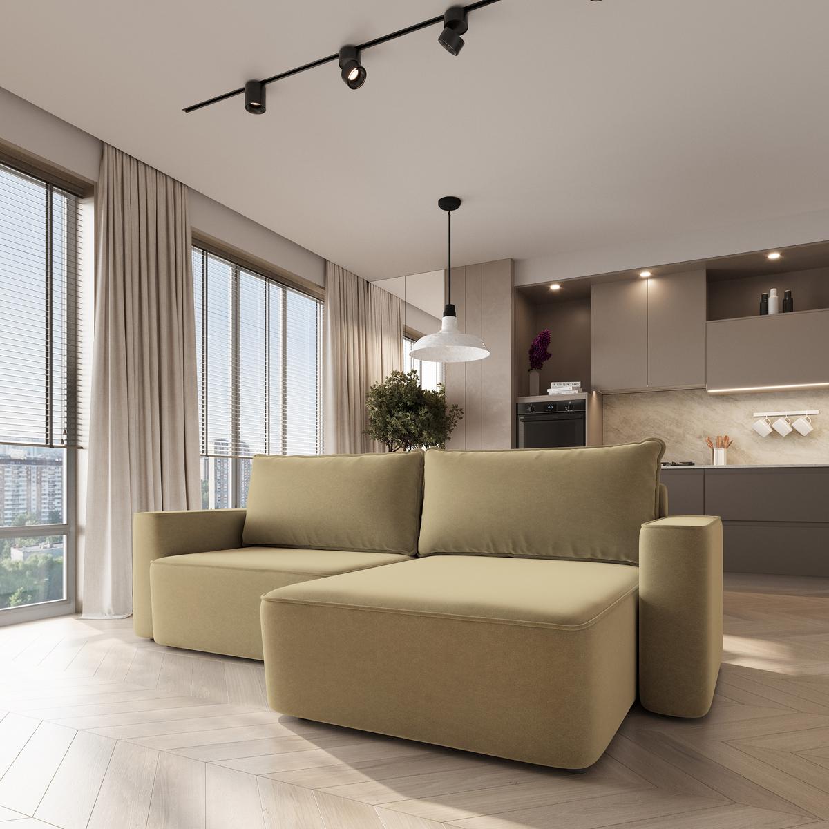 ECKSOFA BELISE CL Currygelb Veloursstoff mit Schlaffunktion - Currygelb, Holz/Textil (252/162cm) - MASSENO