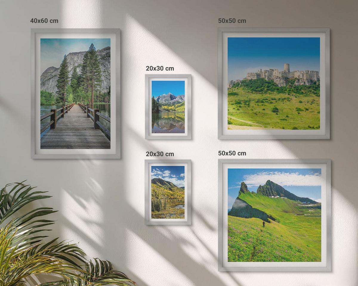 BILDER SET 5er Set - 50x50 cm & 20x30 cm & 40x60 cm Silberner Rahmen - Wasserfälle, Berge, Wolken, Herbst - Silberfarben, Kunststoff (40/60cm) - TULUP