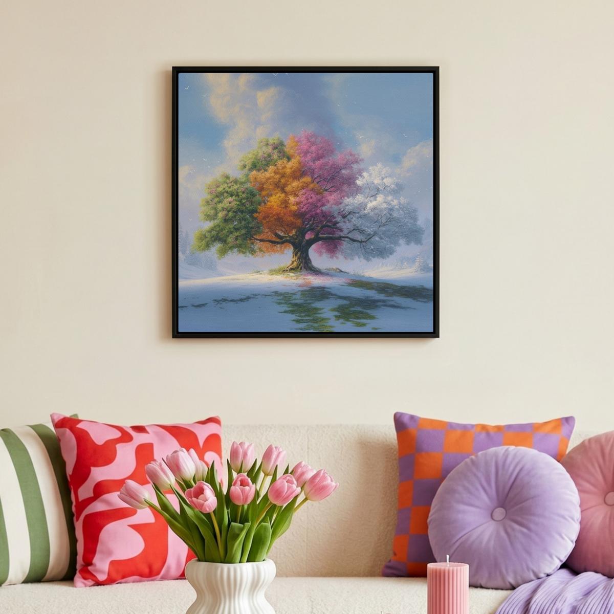 LEINWAND Bilder mit Rahmen - Baum - Jahreszeiten - Winter - Landschaft - 50x50 - Multicolor, Textil (50/50cm) - MuchoWow