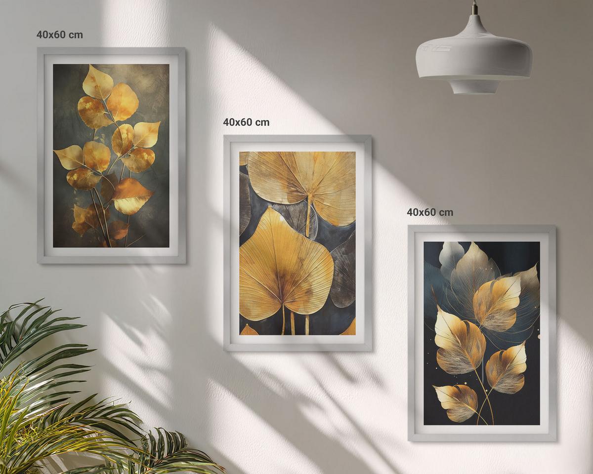 BILDER SET 3er Set - 40x60 cm Silberner Rahmen - Gelbe Blätter auf dunklem Hintergrund - Silberfarben, Kunststoff (40/60cm) - TULUP