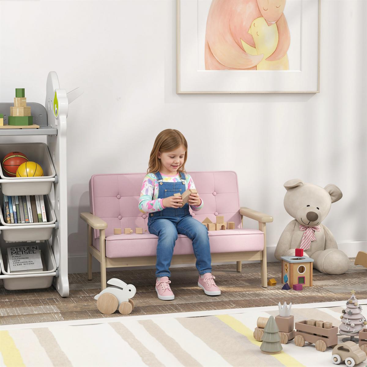 KINDERSESSEL Kindersofa gepolsterter Kinderstuhl mit Holzrahmen Samtoptik - Rosa/Naturfarben, Holz/Textil (42/48/77cm) - AIYAPLAY