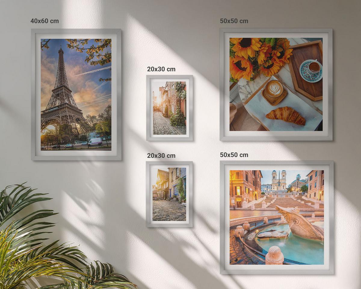 BILDER SET 5er Set - 50x50 cm & 20x30 cm & 40x60 cm Silberner Rahmen - Charmante Straßen mit Kaffee - Silberfarben, Kunststoff (40/60cm) - TULUP