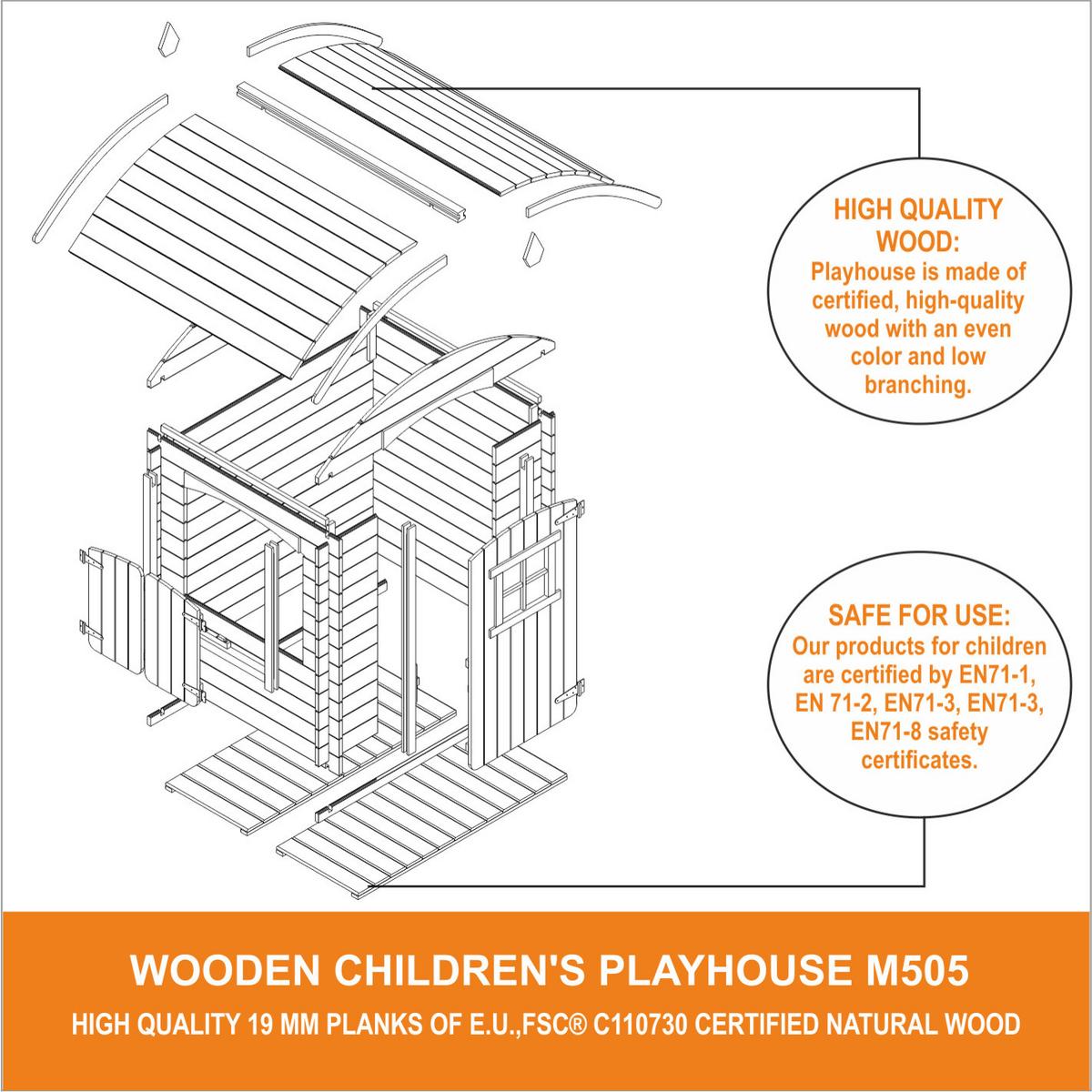 KINDERSPIELHAUS aus Holz MIT BÖDEN - B112xL146xH145 cm/1,1m2 - M505 - Beige, Holz (146/145/112cm) - Timbela