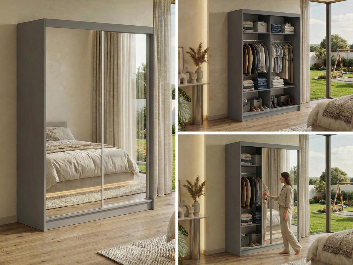 SCHWEBETÜRENSCHRANK 150 - DUBROWNIK - Grau mit Spiegel - Alufarben/Grau, Holzwerkstoff/Metall (150/216/61cm) - MKS