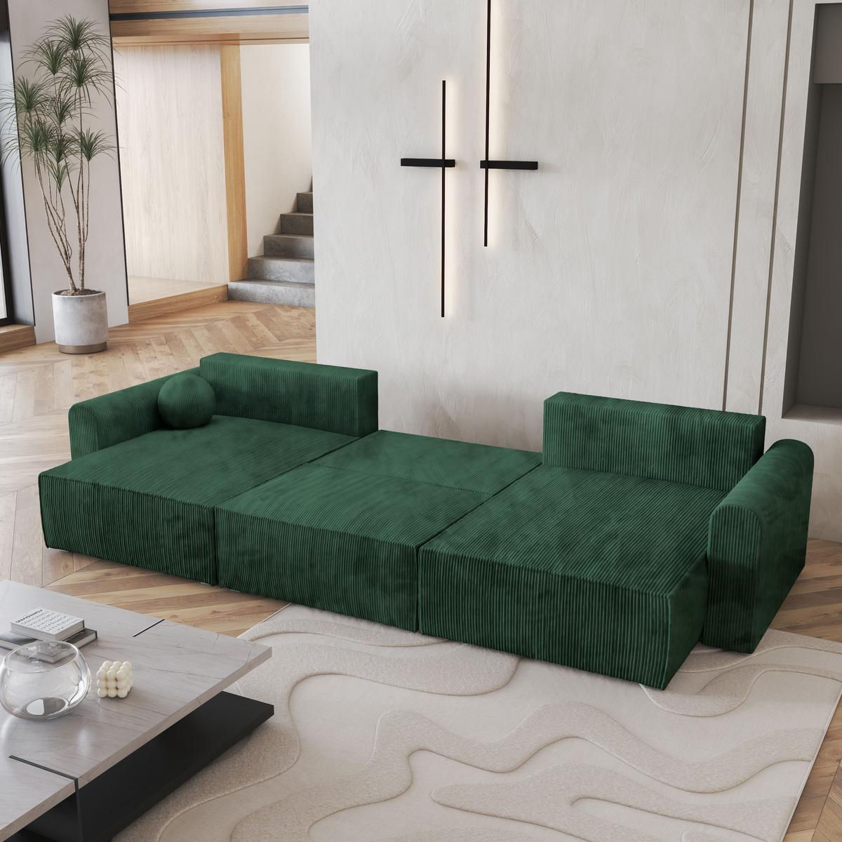 WOHNLANDSCHAFT FENTO P Grün Kordstoff mit Schlaffunktion - Grau/Grün, Holz/Kunststoff (347/90/148cm) - MASSENO