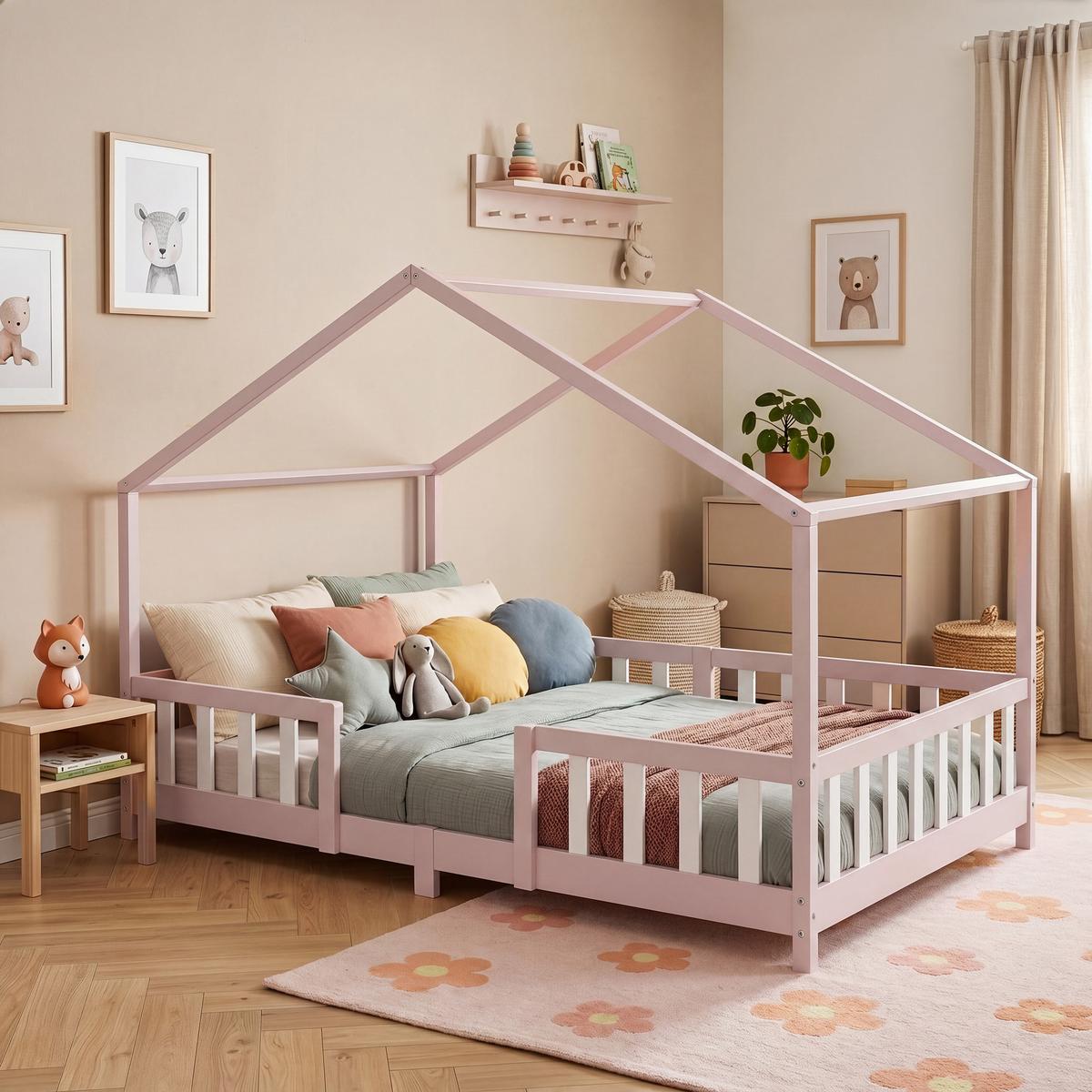 HAUSBETT Treviolo - Hellrosa/Weiß, Holz (120/200cm) - [en.casa]