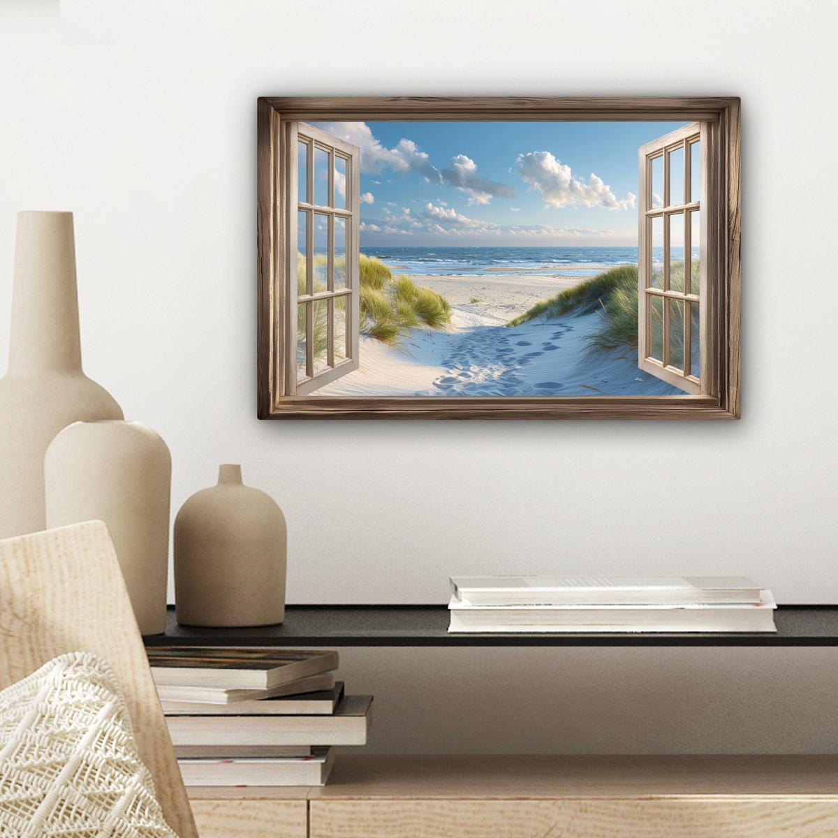 LEINWANDBILD Aussicht - Strand - Fenster - Dünen - Meer Deko Schlafzimmer 30x20 cm - Hellblau, Textil (30/20cm) - MuchoWow