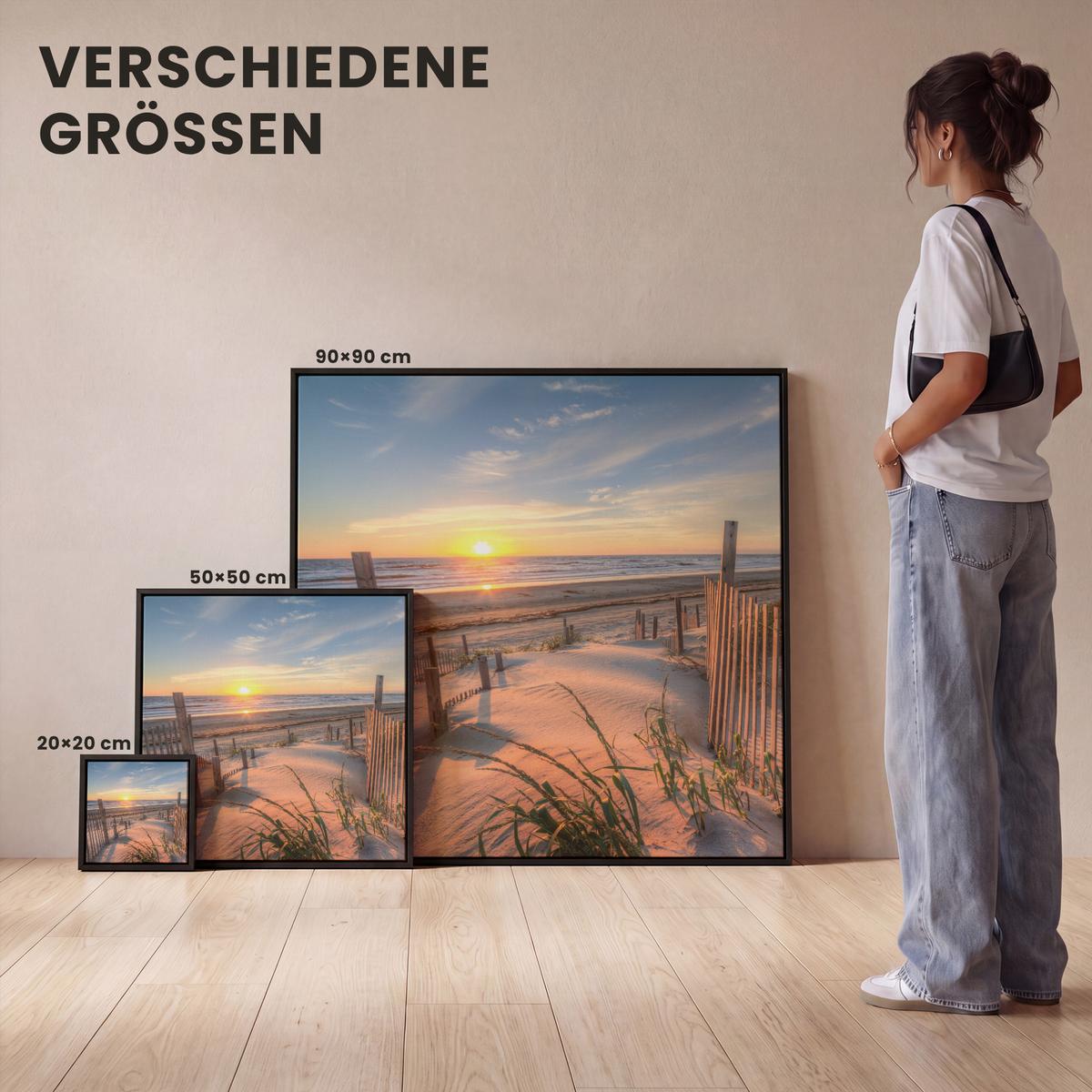 LEINWAND Bilder mit Rahmen - Strand - Meer - Düne - Sonnenuntergang - Landschaft - 50x50 - Beige, Textil (50/50cm) - MuchoWow