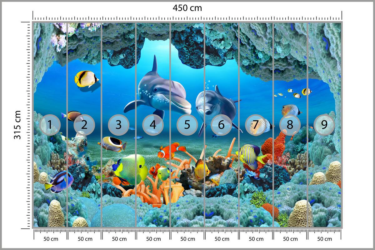 FOTOTAPETE für Badezimmer Unterwasser Korallenriff Delfin Fisch 450x315 - Türkis/Gelb, Papier (450/315cm) - Muralo