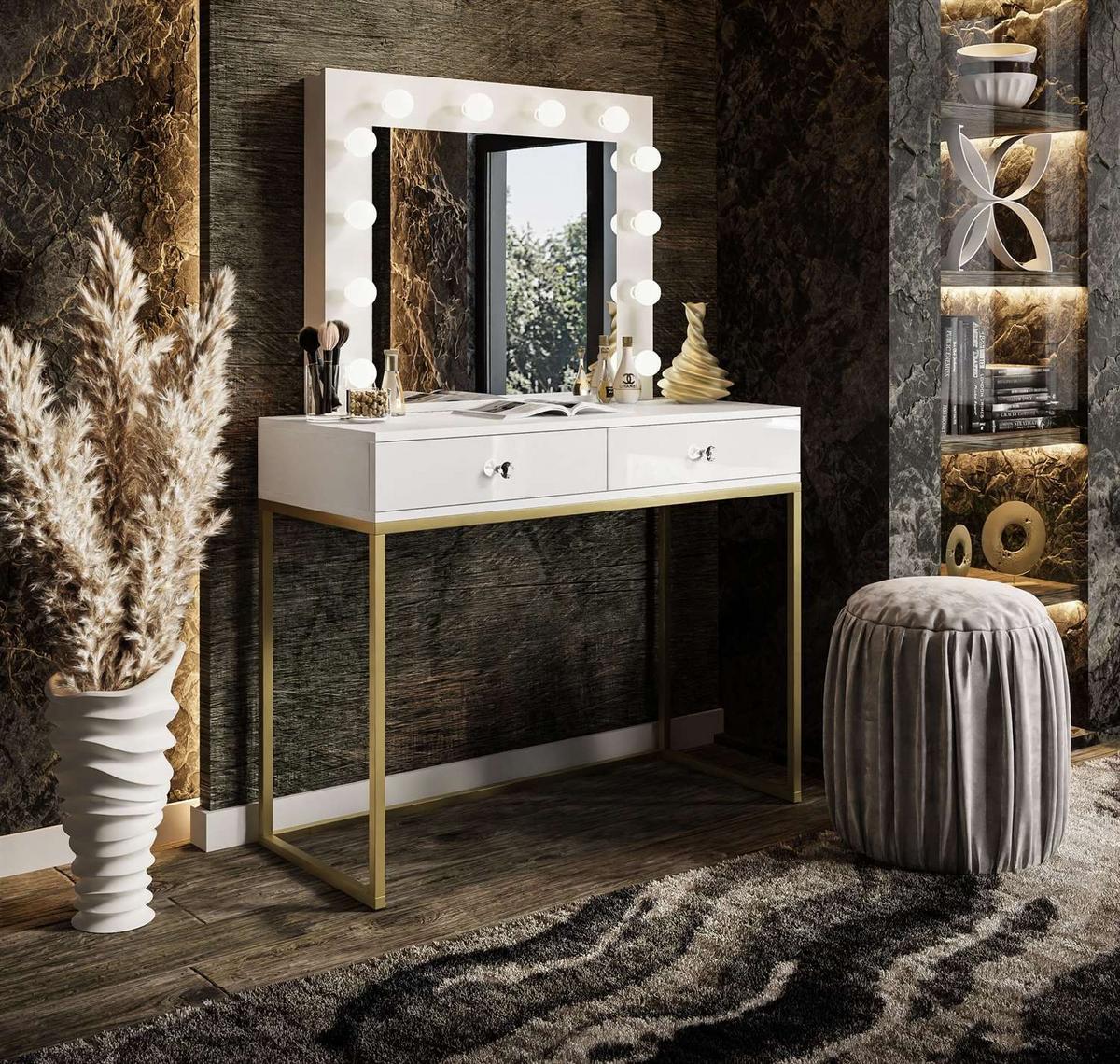 SCHMINKTISCH BLANCO GOLD mit Spiegel und Beleuchtung Weiß Kristallgriff - Goldfarben/Weiß, Holzwerkstoff (100/146/42cm) - Lookway