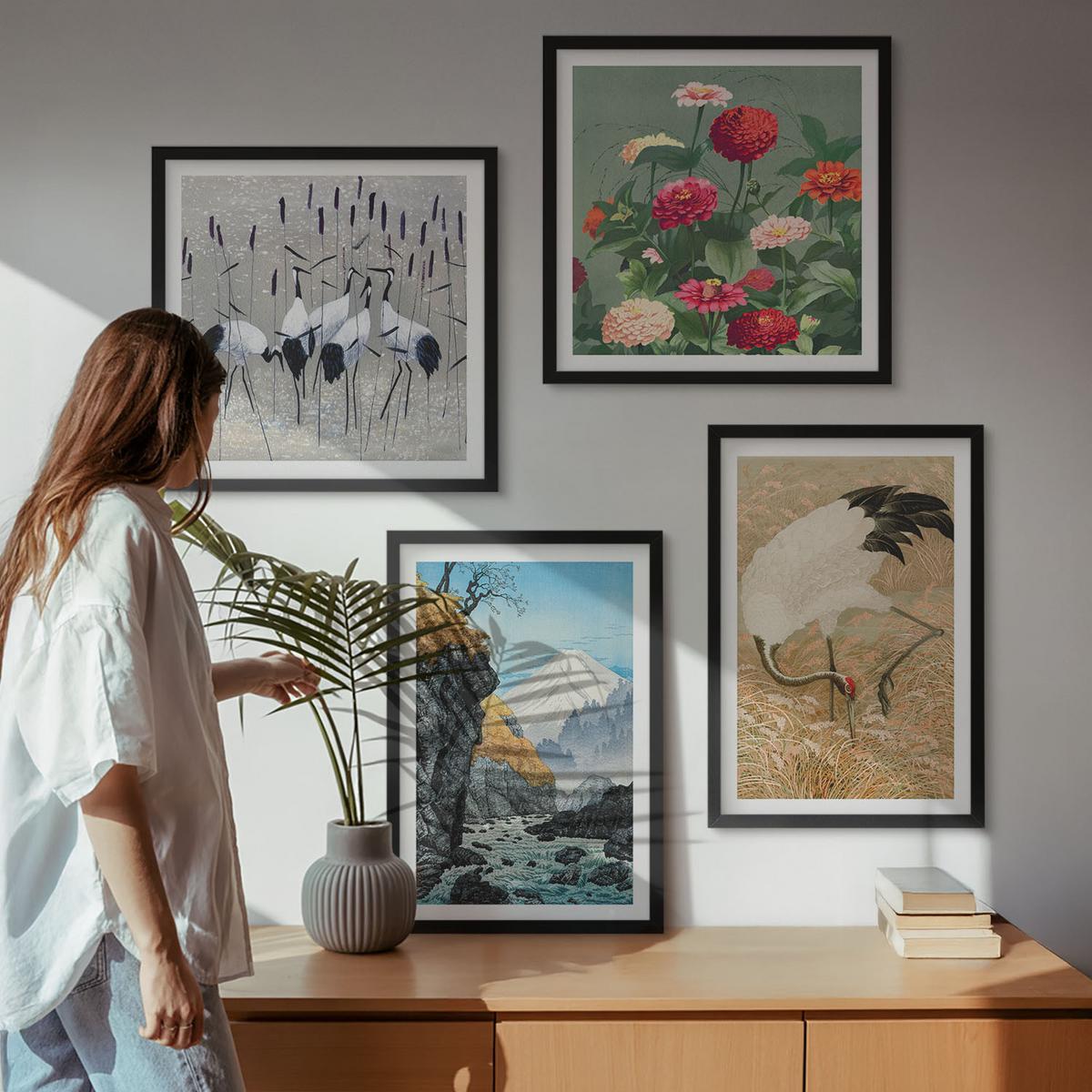 BILDER SET 4er Set - 50x50 cm & 40x60 cm Schwarzer Rahmen - Berge, Fluss, Blumen, Kraniche - Schwarz, Kunststoff (50/50cm) - TULUP