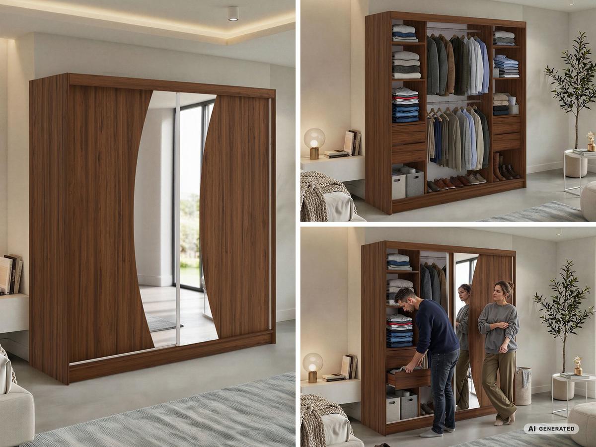 SCHWEBETÜRENSCHRANK 200 - VERONA - Warmia Walnuss mit Spiegel - Walnussfarben/Alufarben, Holzwerkstoff/Metall (200/216/61cm) - MKS