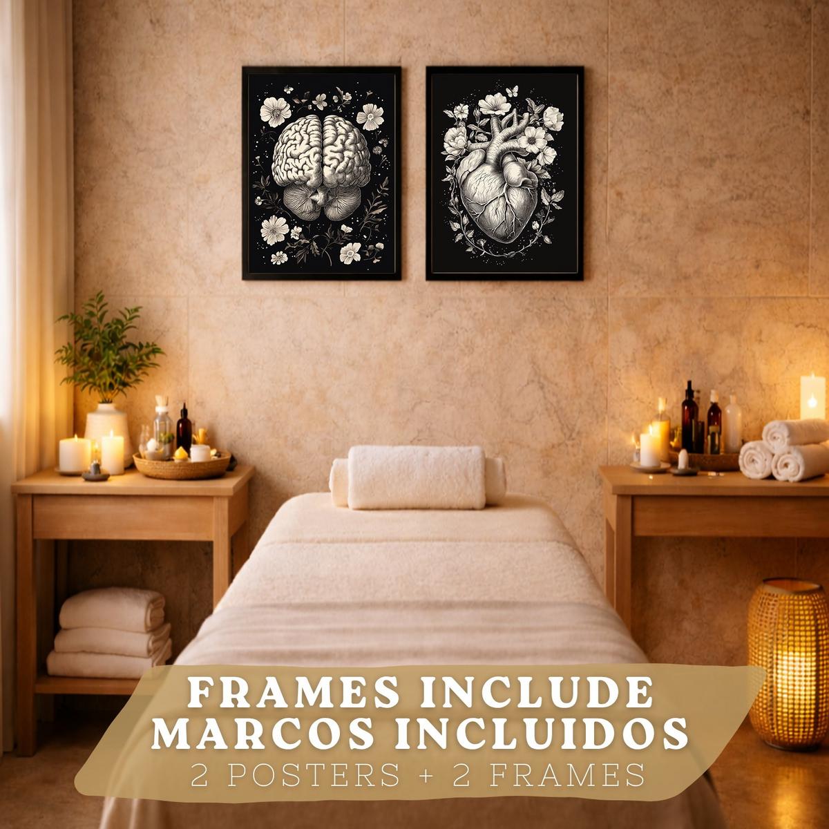 POSTER Set aus 2 Anatomie Mensch Drucke und Wandbilder mit Gehirn und Herz Monochromes Florales Design Schwarzer Hintergrund Größe Schwarzer Rahmen A4 - Schwarz, Papier (21/29.7/3cm) - Nacnic
