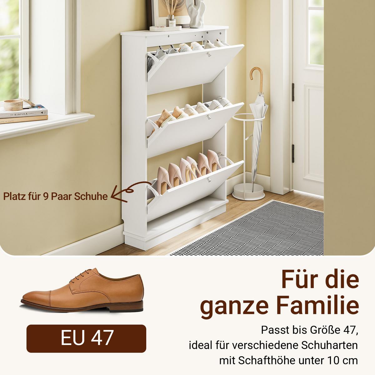 SCHUHSCHRANK schmal mit 3 Klappen, Weiß 76x18x113cm - Weiß, Holzwerkstoff (18/113/76cm) - SoBuy