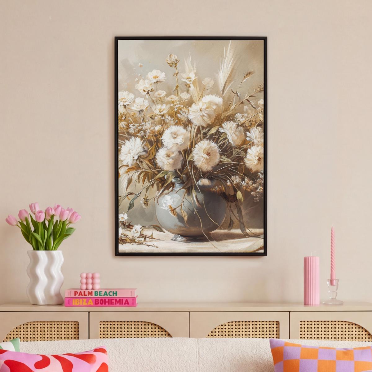 LEINWAND Bilder mit Rahmen - Blumen - Vase - Stilleben - Beige - 60x90 - Creme, Textil (60/90cm) - MuchoWow