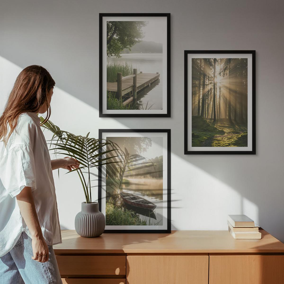 BILDER SET 3er Set - 40x60 cm Schwarzer Rahmen - See, Wald, Boot, Morgennebel - Schwarz, Kunststoff (40/60cm) - TULUP