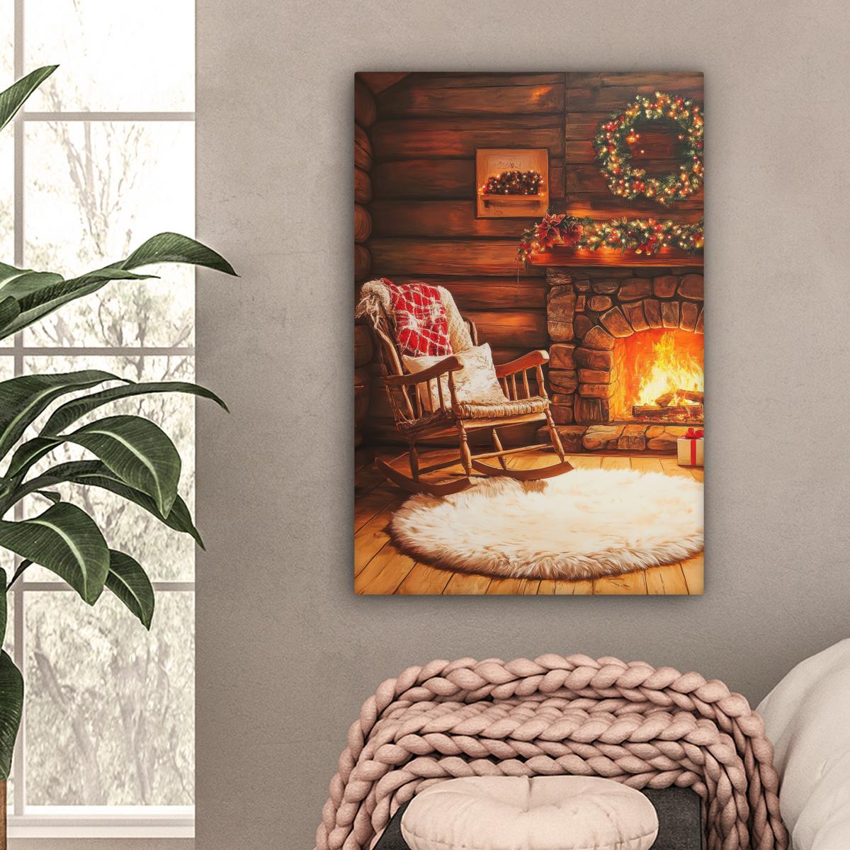 LEINWANDBILD Winter - Weihnachten - Zuhause - Kamin Wanddeko Schlafzimmer 60x90 cm - Bernsteinfarben, Textil (60/90cm) - MuchoWow