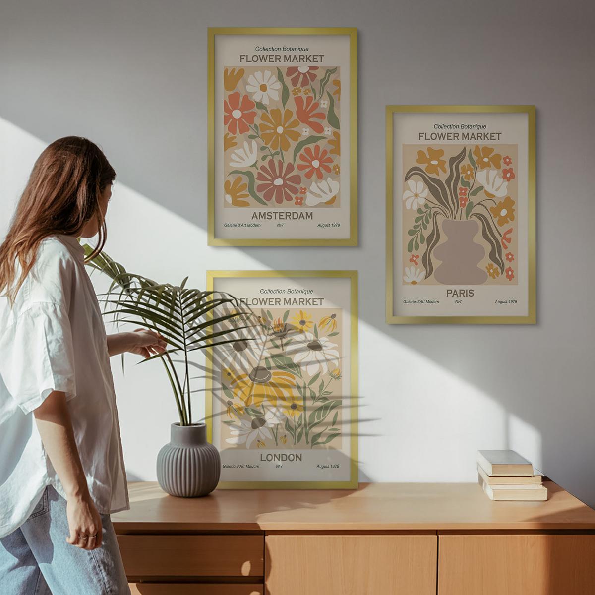 BILDER SET 3er Set - 40x60 cm Goldrahmen - Blumenmuster Amsterdam Paris London - Goldfarben, Kunststoff (40/60cm) - TULUP