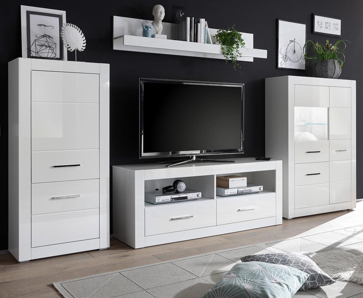 WOHNWAND weiß Hochglanz 4-teilig 335 cm, Wohnkombination mit viel Stauraum - Chromfarben/Weiß Hochglanz, Glas/Holzwerkstoff (335/170/45cm) - Furn.Design