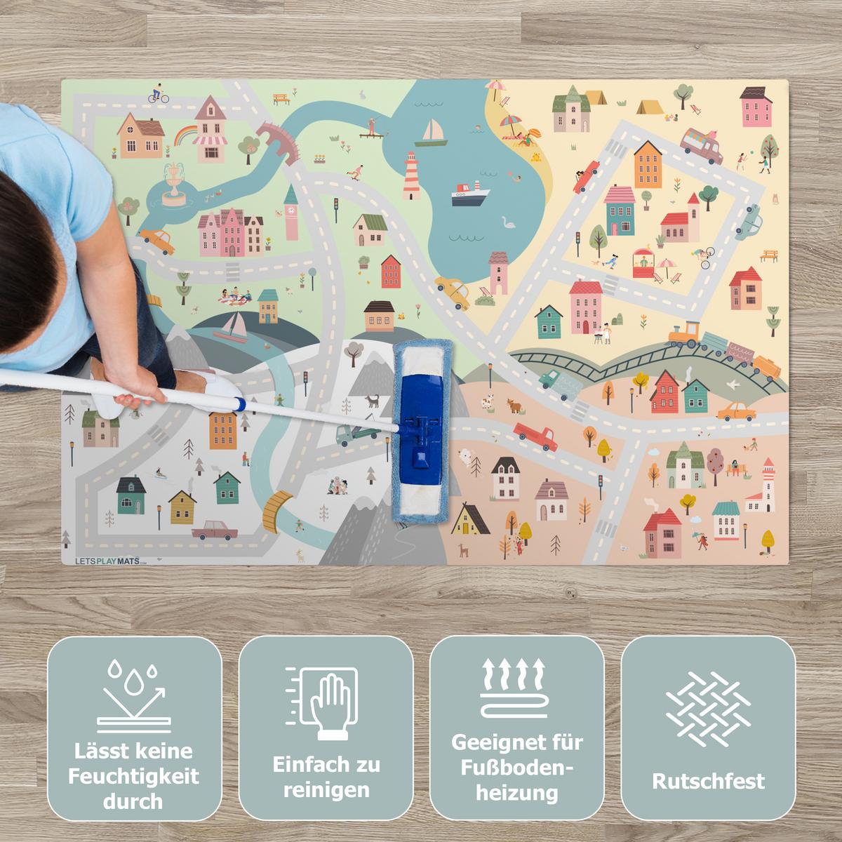 KINDERTEPPICH Jahreszeiten - Stadt - Häuser - Straße - Kinder - Auto Spielmatte 105x70 cm - Multicolor, Kunststoff (105/0.3cm) - OnlyWow