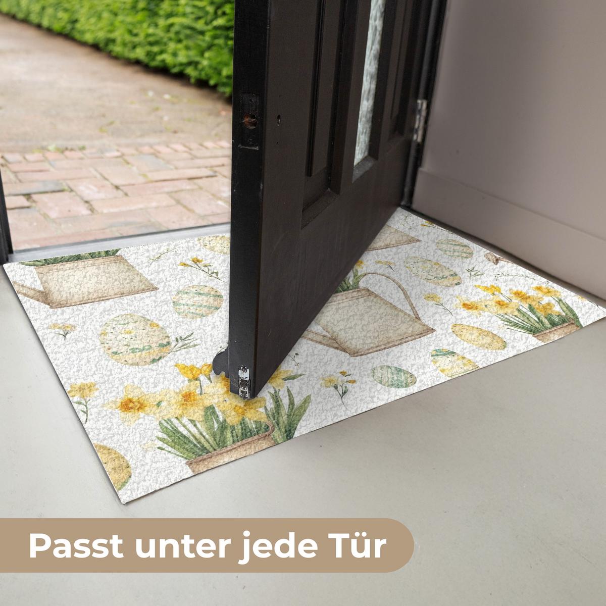 FUSSMATTE Gießkanne - Blumen - Eier Teppichmatte 60x40 cm - Gelb/Weiß, Kunststoff (40/60cm) - MuchoWow