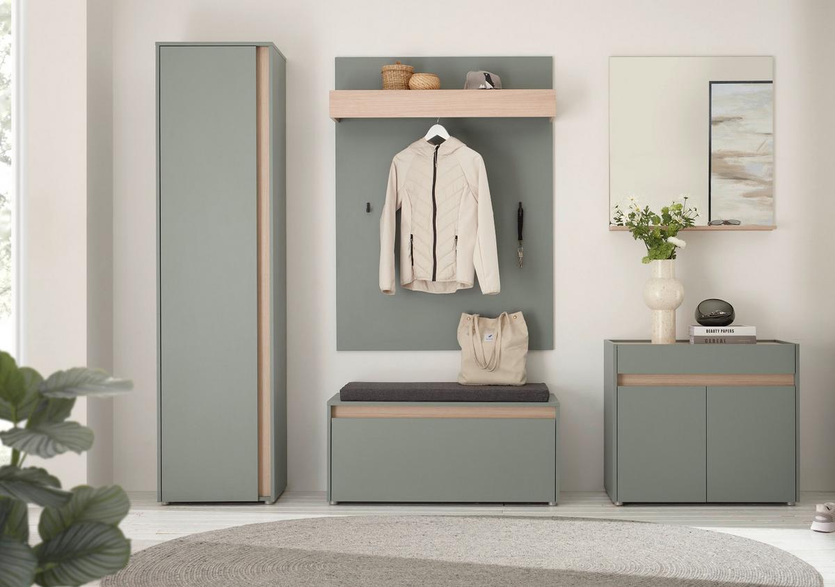 SCHUHSCHRANK in Salbei Grün und Eiche, großer Flurschrank 50 x 200 cm, variabel bis 10 Fächer - Salbeigrün/Eichefarben, Holz/Holzwerkstoff (50/200/40cm) - Furn.Design