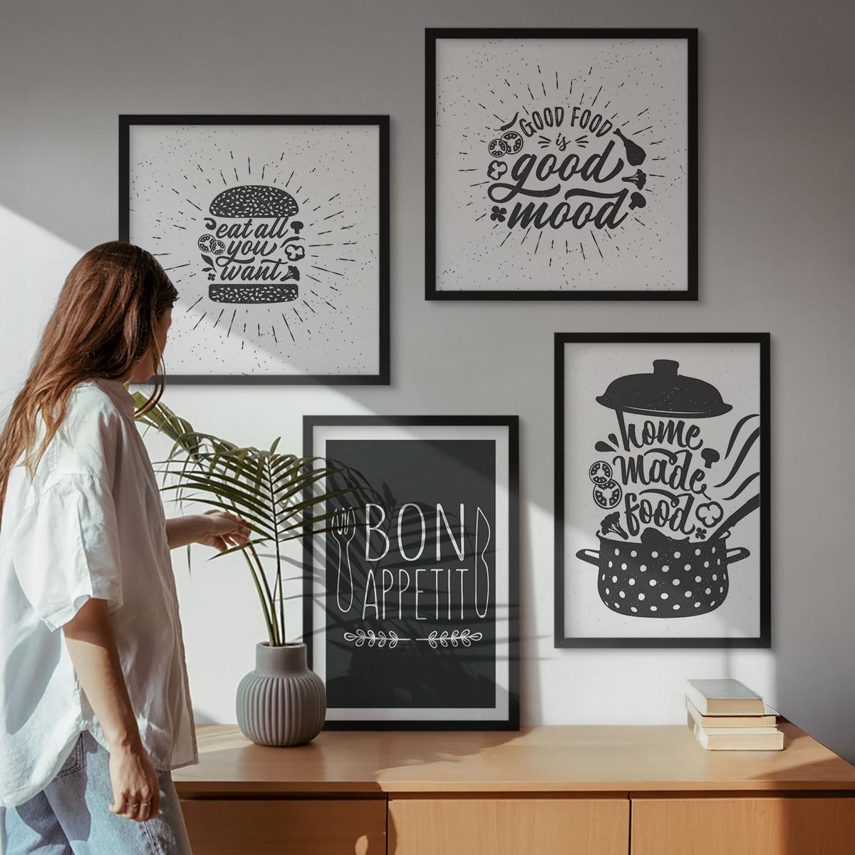 BILDER SET 4er Set - 50x50 cm & 40x60 cm Schwarzer Rahmen - Grafiken, Lebensmittel, kulinarische Slogans - Schwarz, Kunststoff (50/50cm) - TULUP