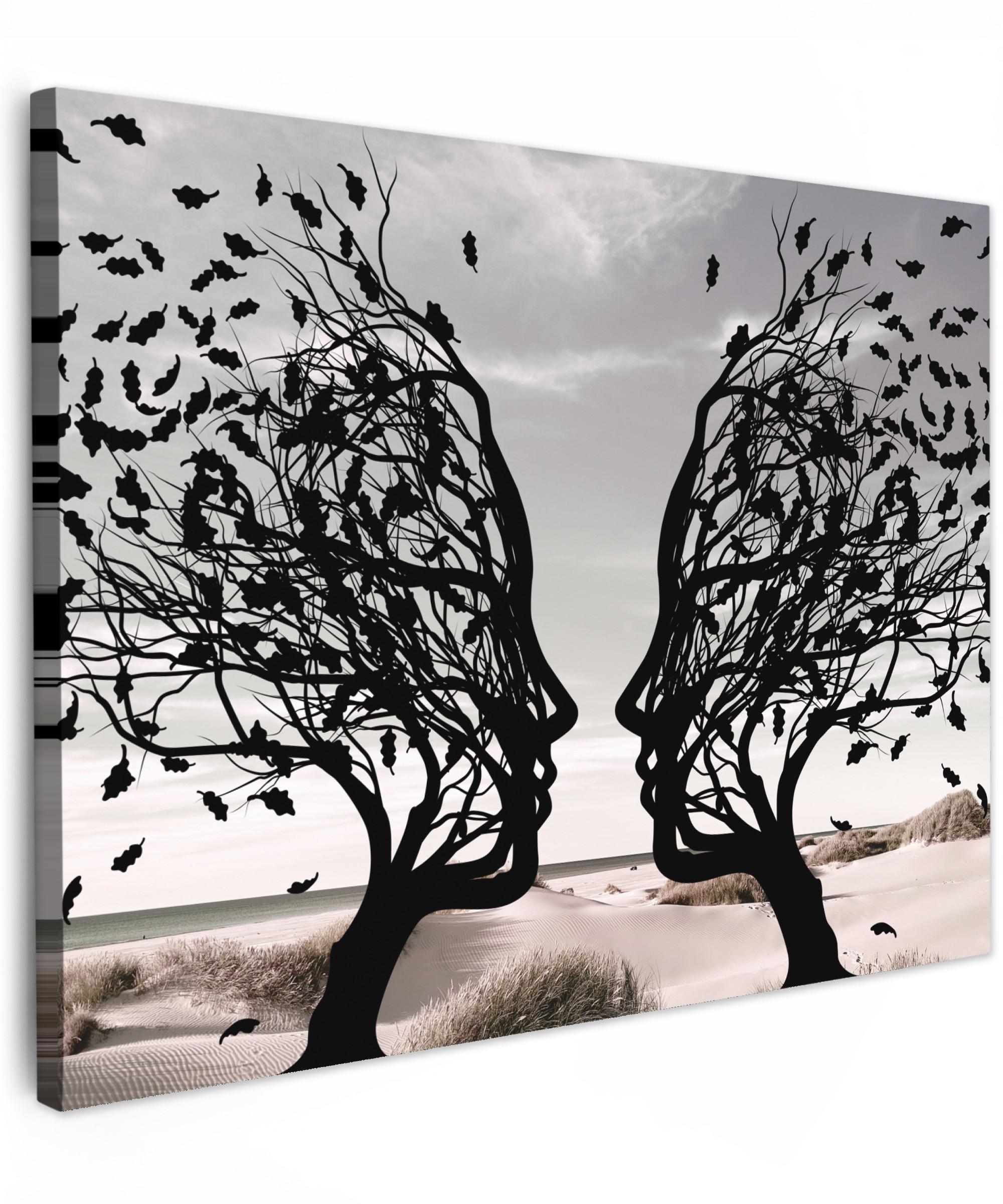 LEINWANDBILD Strand - Meer - Menschen - Baum - Moderne Kunst Wandbild 40x30 cm - Hellgrau, Textil (40/30cm) - MuchoWow
