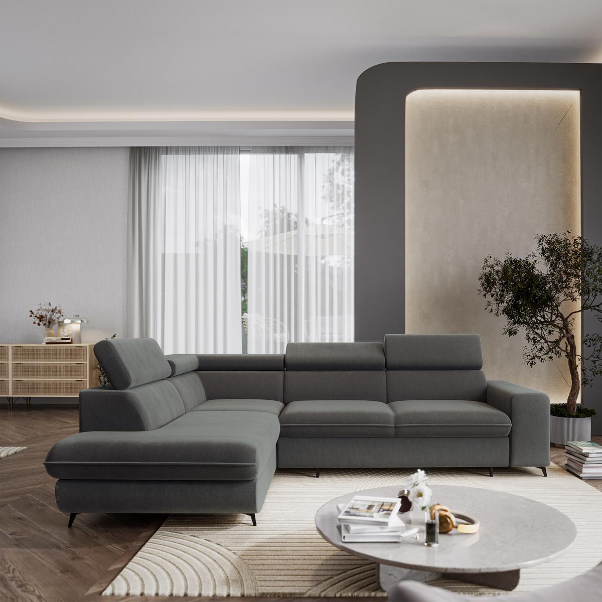 ECKSOFA VELISS Grau Veloursstoff mit Schlaffunktion - Grau, Holz (255/193cm) - MASSENO