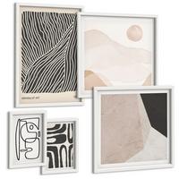 BILDER SET 5er Set - 50x50 cm & 20x30 cm & 40x60 cm Weißer Rahmen - Abstrakte Muster mit Linien - Weiß, Kunststoff (40/60cm) - TULUP