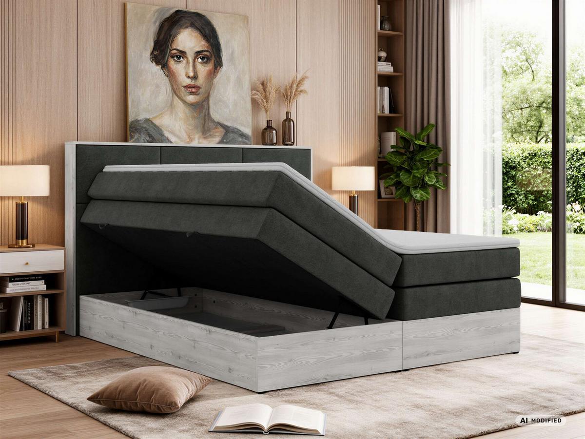 BOXSPRINGBETT DELNOR KING 200/200 - Dunkelgrau Stukture - Topper Visco - H4 - Dunkelgrau/Schwarz, Kunststoff/Textil (200/200cm) - MKS