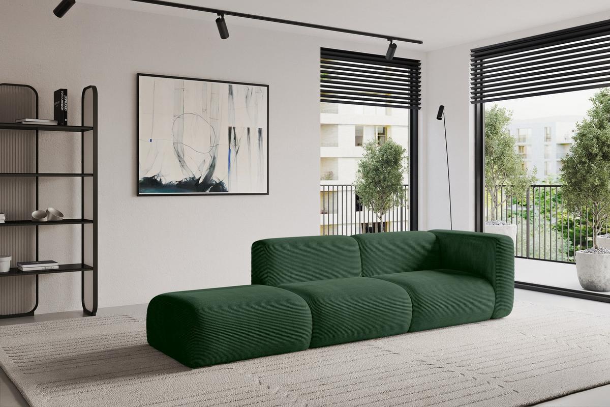 SOFA Ottomane Rechts MIRA-S3 296x89x70 Grün Cord - Salbeigrün/Schwarz, Holzwerkstoff/Kunststoff (296/70/89cm) - ALTDECOR