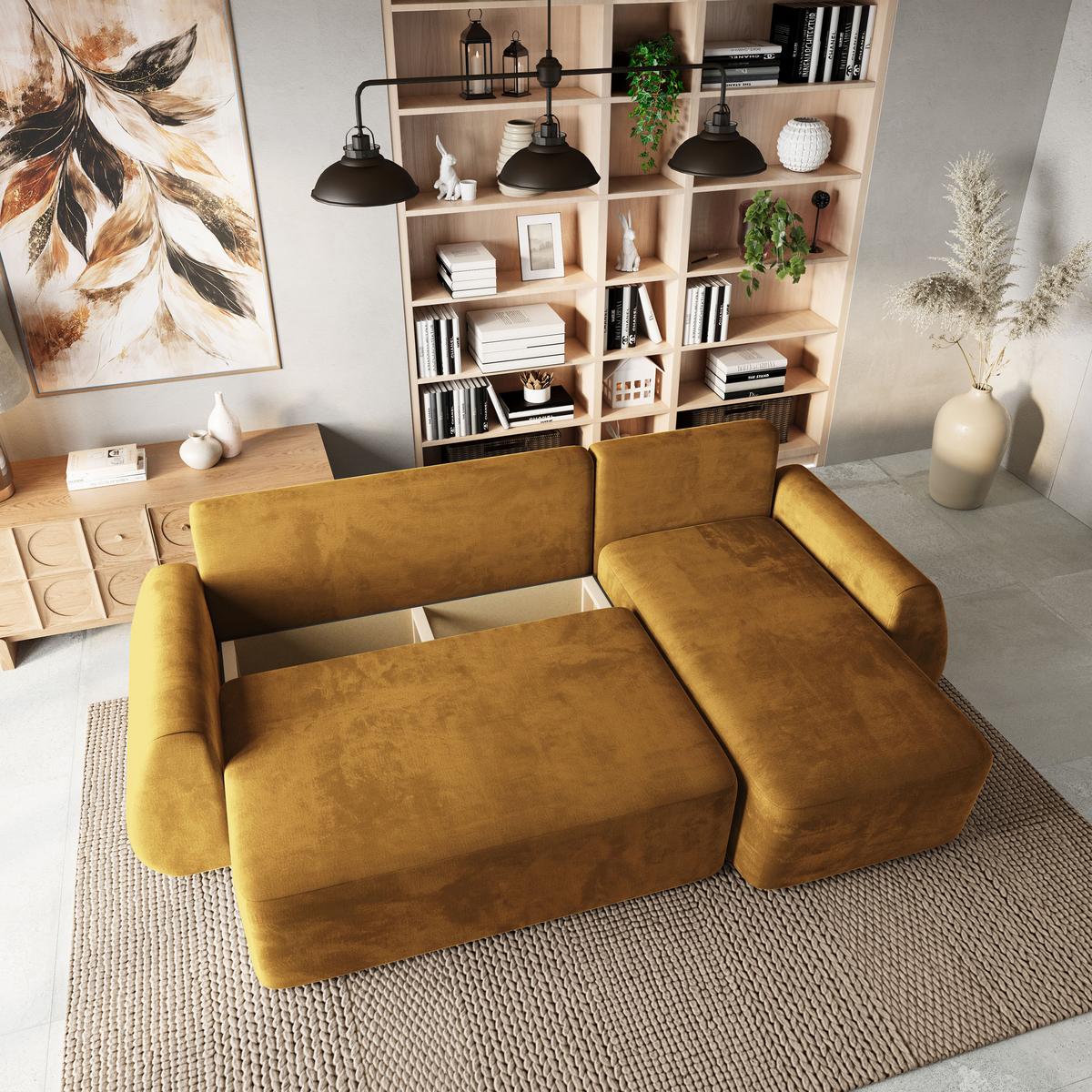 ECKSOFA GALVIS Gelb Velours-Stoff mit Schlaffunktion - Gelb, Holz (256/156cm) - MASSENO