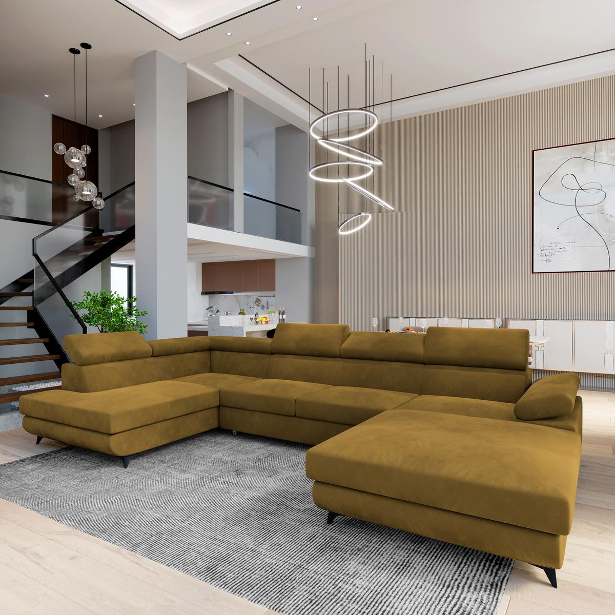 WOHNLANDSCHAFT RUBANO L-S Gelb Velours-Stoff mit Schlaffunktion - Gelb, Holz (339/89/190cm) - MASSENO