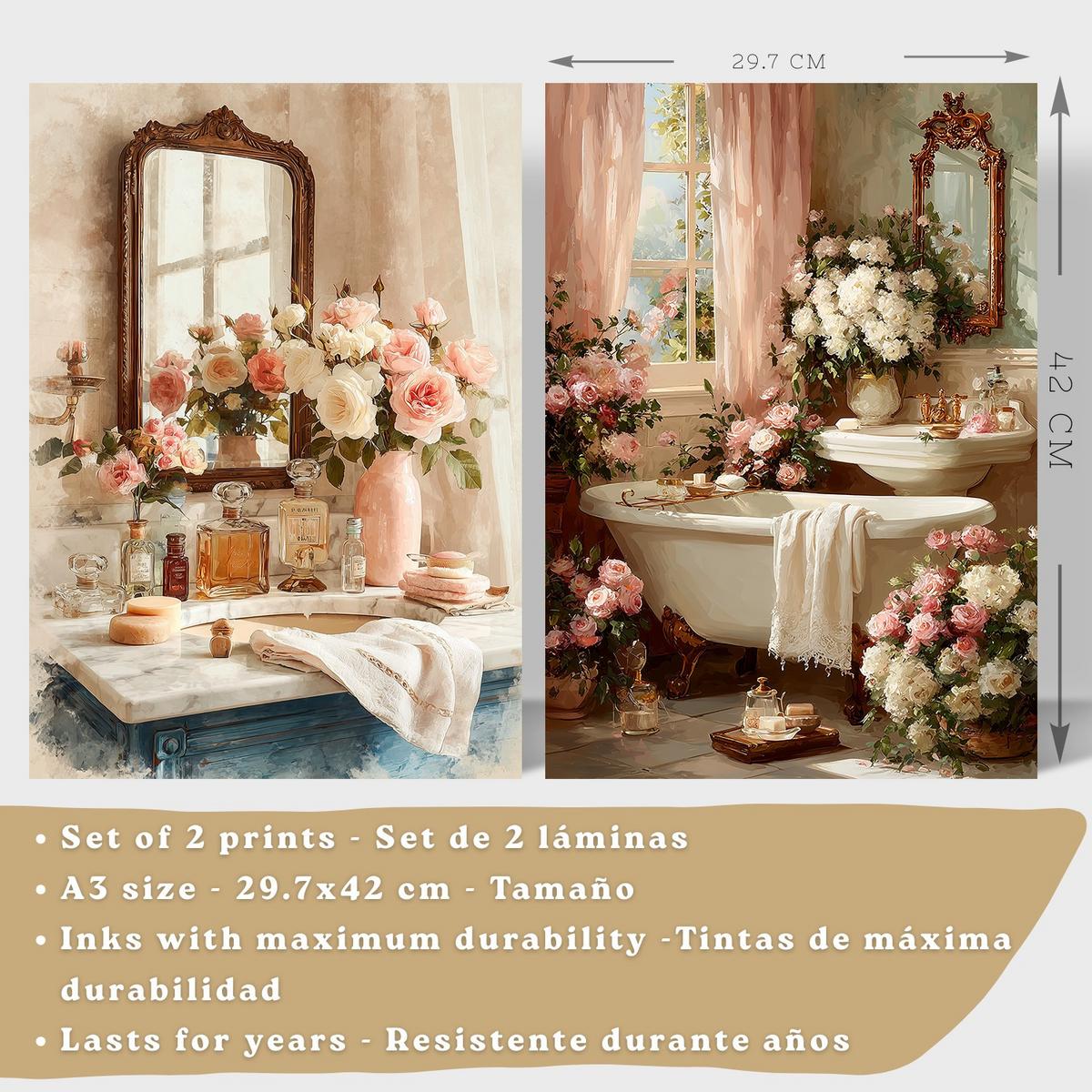 POSTER 2er-Set dekorative Badezimmerdrucke, romantischer Vintage-Stil, Bilder mit Rosen, Spiegelewanne, elegante, Wohndekoration Schwarzer Rahmen A3 - Schwarz, Papier (42/29.7/3cm) - Nacnic