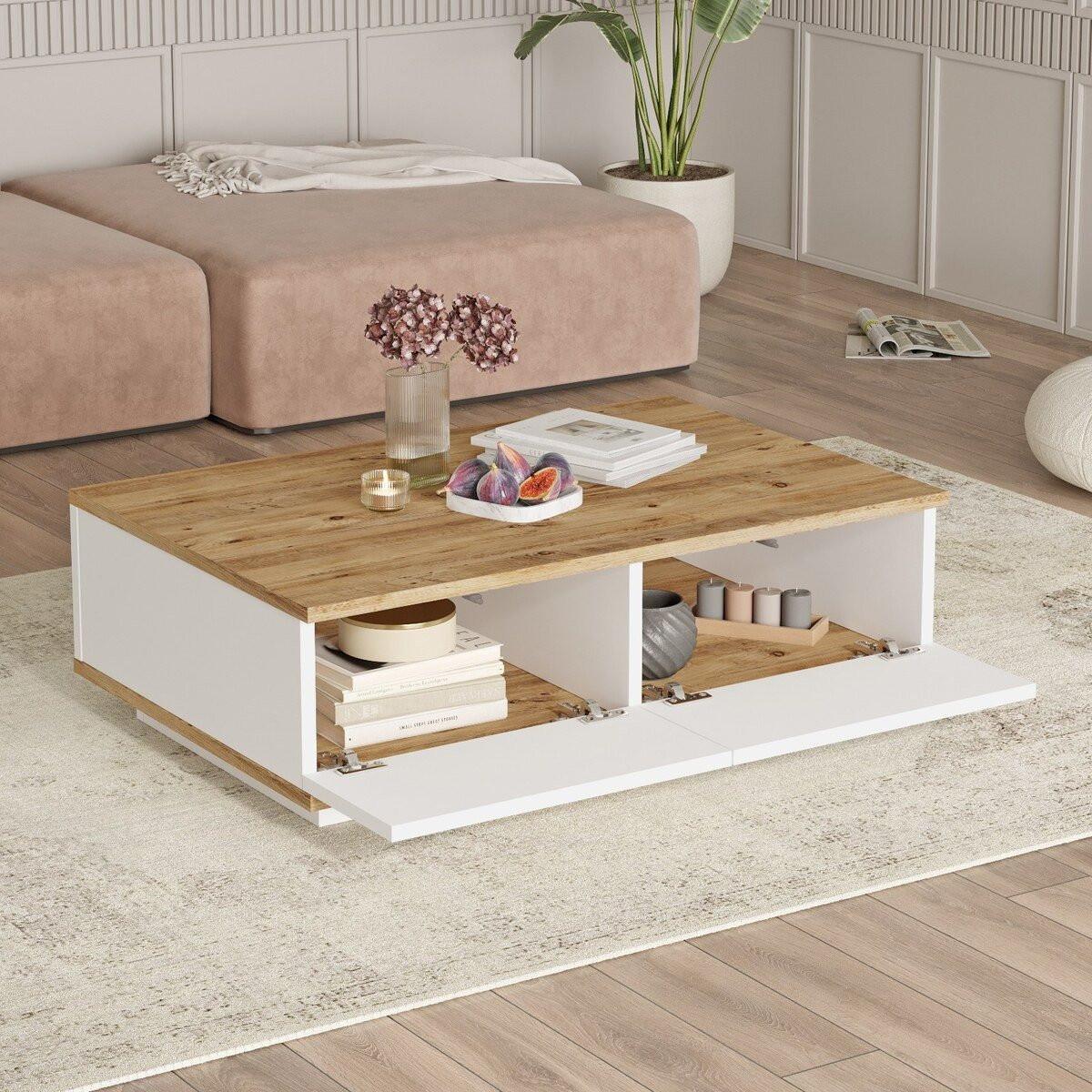 COUCHTISCH mit 1 klapptür in weiß und atlantik-kiefer - 90/60/28,6 cm - Apfelbaumfarben, Holz/Holzwerkstoff (90/60/28.6cm) - Calicosy