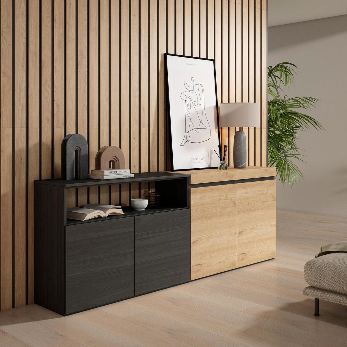 SIDEBOARD eiche, schwarz, 200/35/75cm - Multicolor, Holzwerkstoff (200/75/35cm) - Skraut Home