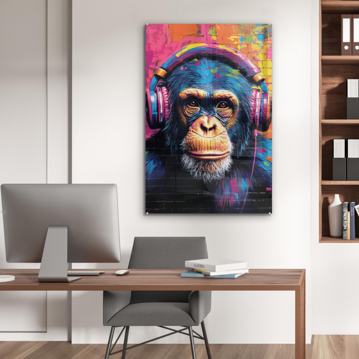 ACRYLGLASBILD Graffiti - Schimpanse - Straßenkunst - Kopfhörer - Affe 80x120 cm - Blau, Glas (80/120cm) - MuchoWow