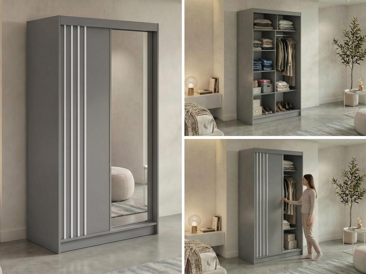 SCHWEBETÜRENSCHRANK mit Lamellen und Spiegel DIANA - 120 - Grau und Weiß - Alufarben/Weiß, Holzwerkstoff/Metall (120/216/61cm) - MKS